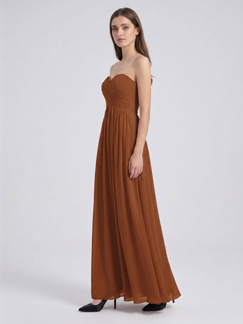Terracotta Chiffon A-Line Off-the-Shoulder Back Zip Floor-Length Pleated Bridesmaid Dress - Curvevia