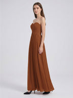 Terracotta Chiffon A-Line Off-the-Shoulder Back Zip Floor-Length Pleated Bridesmaid Dress - Curvevia