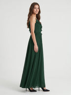 Forest Green Chiffon A-Line V-Neck V-Back Floor-Length Ruffle Bridesmaid Dress - Curvevia