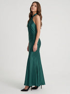 Peacock Satin Sheath Halter Backless Floor-Length Pleated Bridesmaid Dress - Curvevia