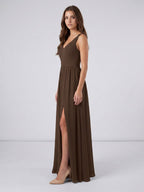 Mocha Chiffon A-Line V-Neck Backless Floor-Length Pleated Bridesmaid Dress - Curvevia