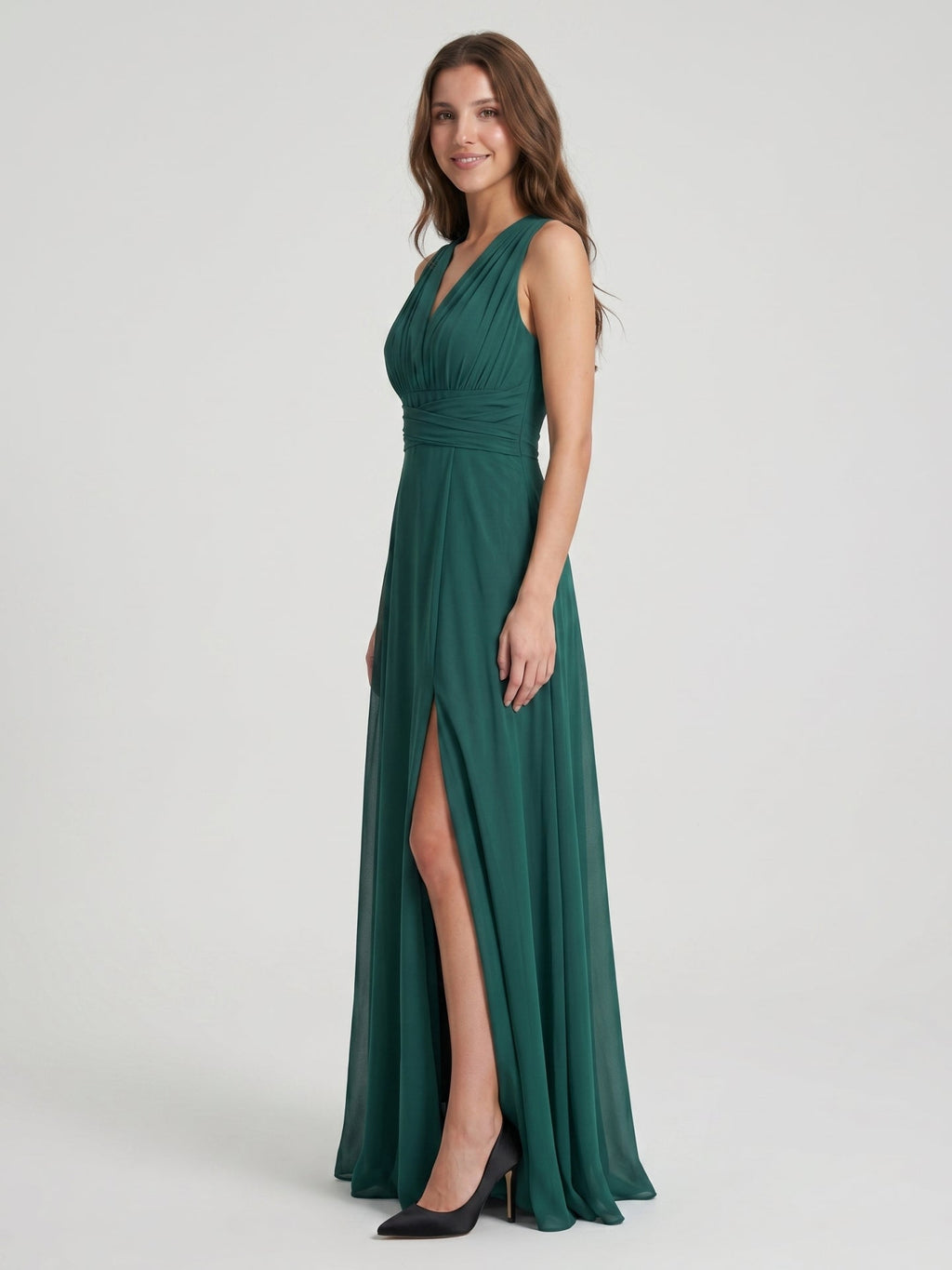 Peacock Chiffon A-Line V-Neck Back Zip Floor-Length Pleated Bridesmaid Dress - Curvevia
