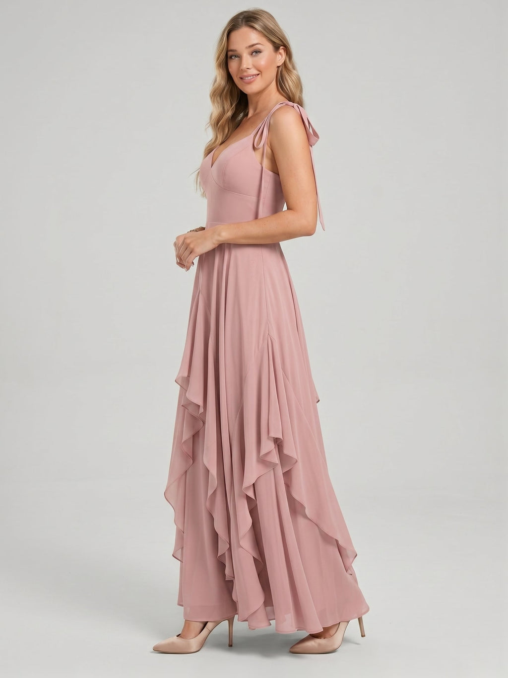 Sweet & Flowy Dusty Rose Chiffon A-Line V-Neck Back Zip with Ruffle Ankle-Length Bridesmaid Dress - Curvevia