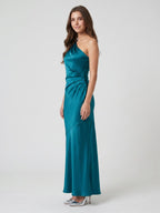 Elegant Teal Satin column One Shoulder Backless Ankle-Length Bridesmaid Dress - Curvevia