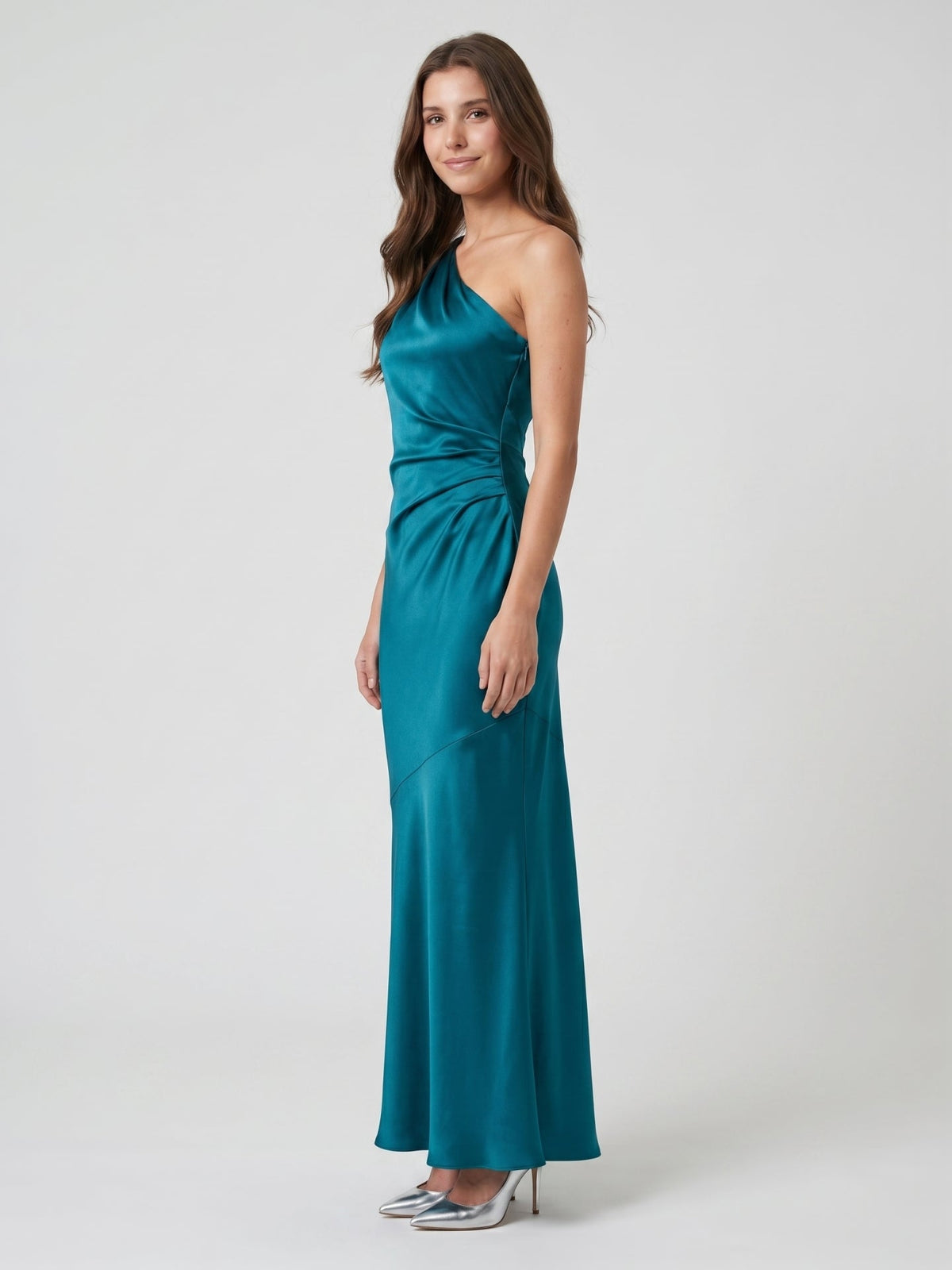 Elegant Teal Satin column One Shoulder Backless Ankle-Length Bridesmaid Dress - Curvevia
