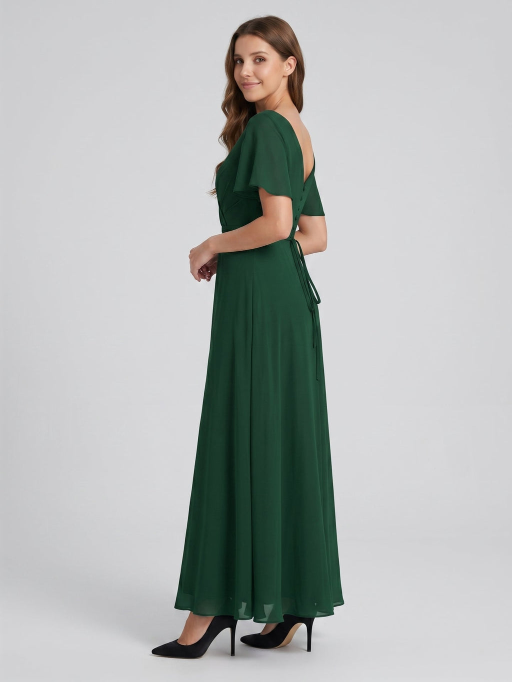 Forest Green Chiffon A-Line V-Neck V-Back Floor-Length Bridesmaid Dress - Curvevia