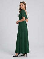 Forest Green Chiffon A-Line V-Neck V-Back Floor-Length Bridesmaid Dress - Curvevia