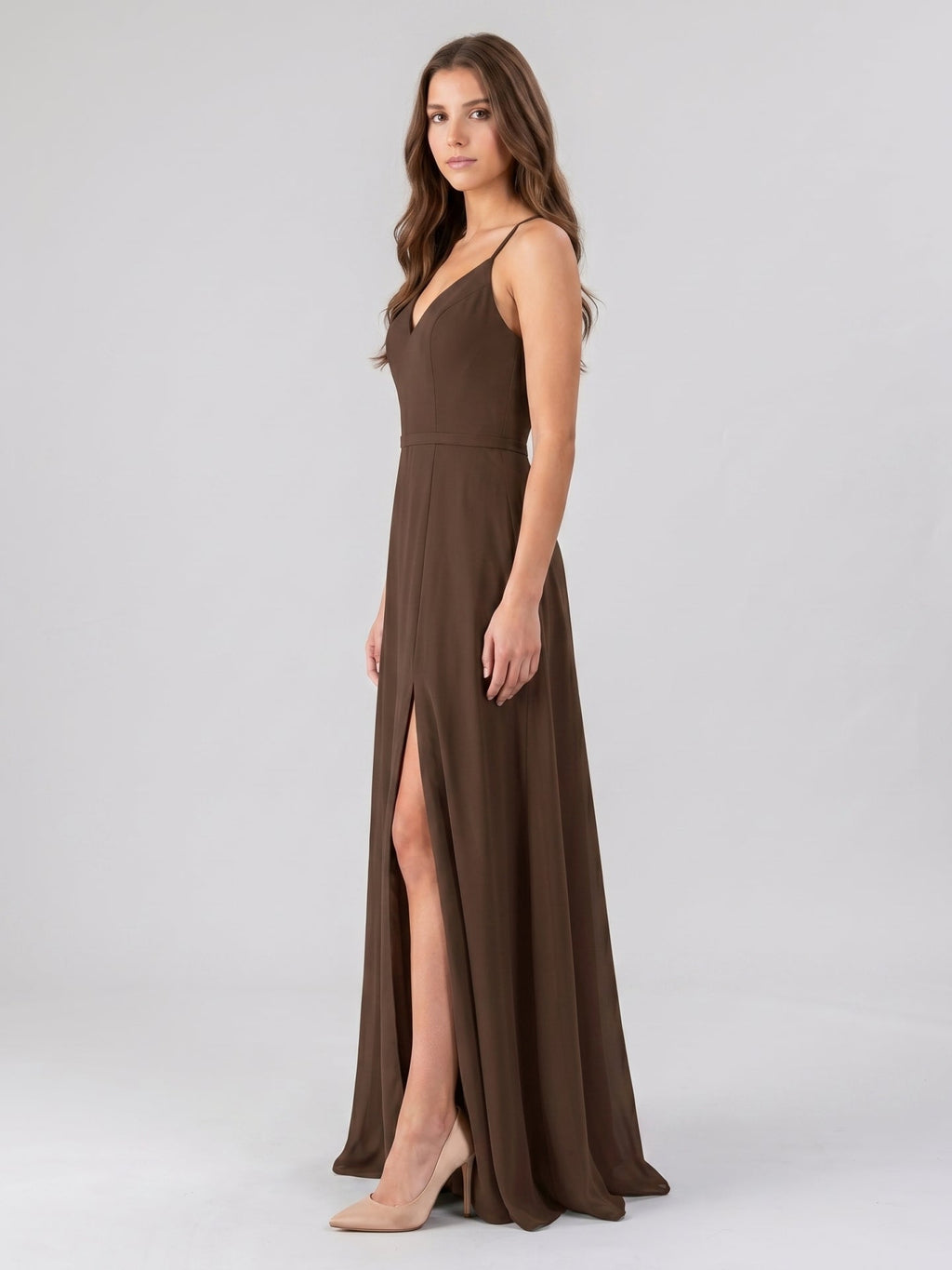 Mocha Chiffon A-Line V-Neck Backless Floor-Length Bridesmaid Dress - Curvevia