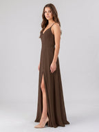 Mocha Chiffon A-Line V-Neck Backless Floor-Length Bridesmaid Dress - Curvevia