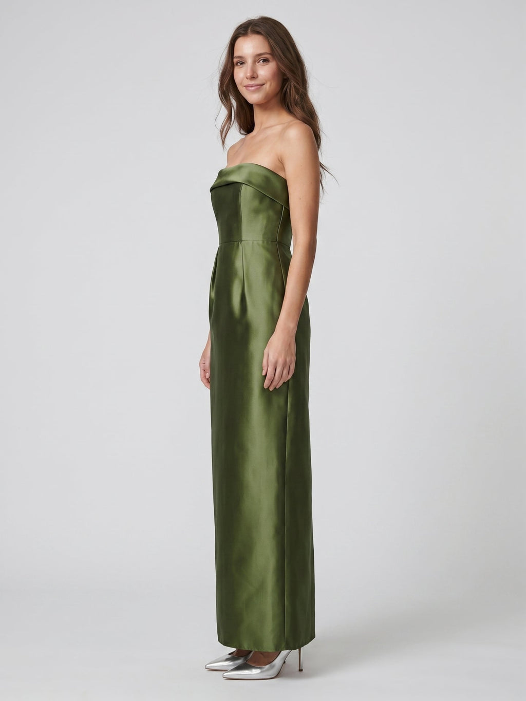 Olive Green Satin Sheath Off-the-Shoulder Backless Floor-Length Bridesmaid Dress - Curvevia
