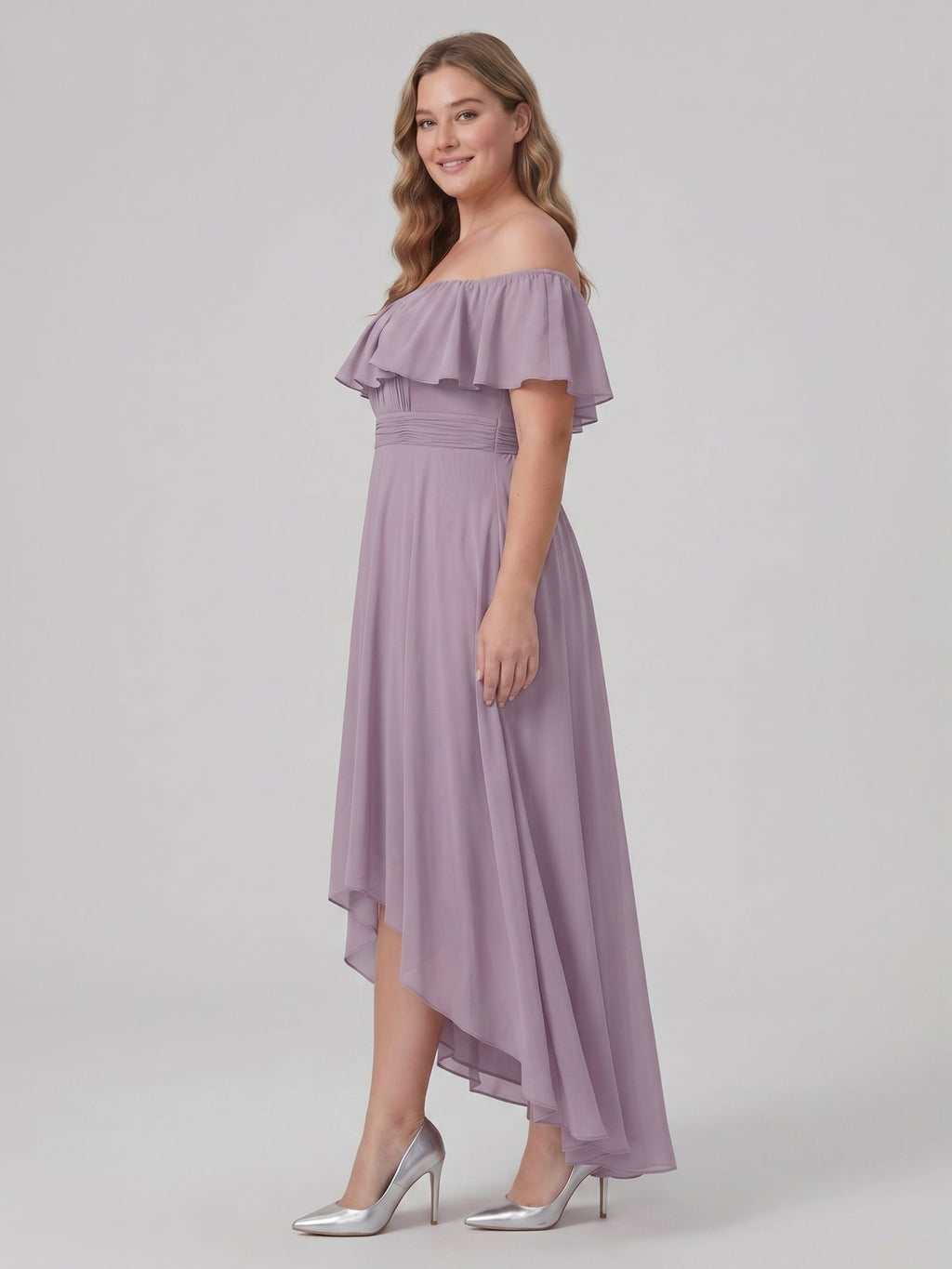 Sweet & Flowy lavender Chiffon A-Line Off-the-Shoulder Backless Asymmetrical Plus Size Bridesmaid Dress - Curvevia