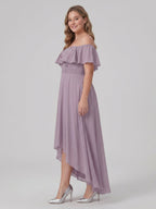 Sweet & Flowy lavender Chiffon A-Line Off-the-Shoulder Backless Asymmetrical Plus Size Bridesmaid Dress - Curvevia