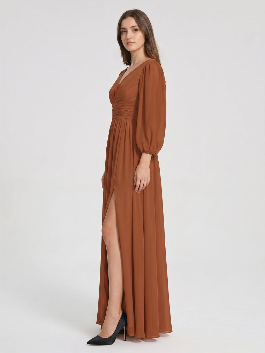 Terracotta Chiffon A-Line V-Neck V-Back Ankle-Length Pleated Bridesmaid Dress - Curvevia