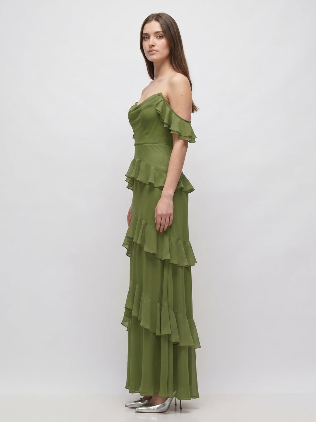 Olive Green Chiffon Sheath Off-the-Shoulder Back Zip Floor-Length Ruffle Bridesmaid Dress - Curvevia