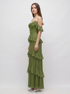 Olive Green Chiffon Sheath Off-the-Shoulder Back Zip Floor-Length Ruffle Bridesmaid Dress - Curvevia