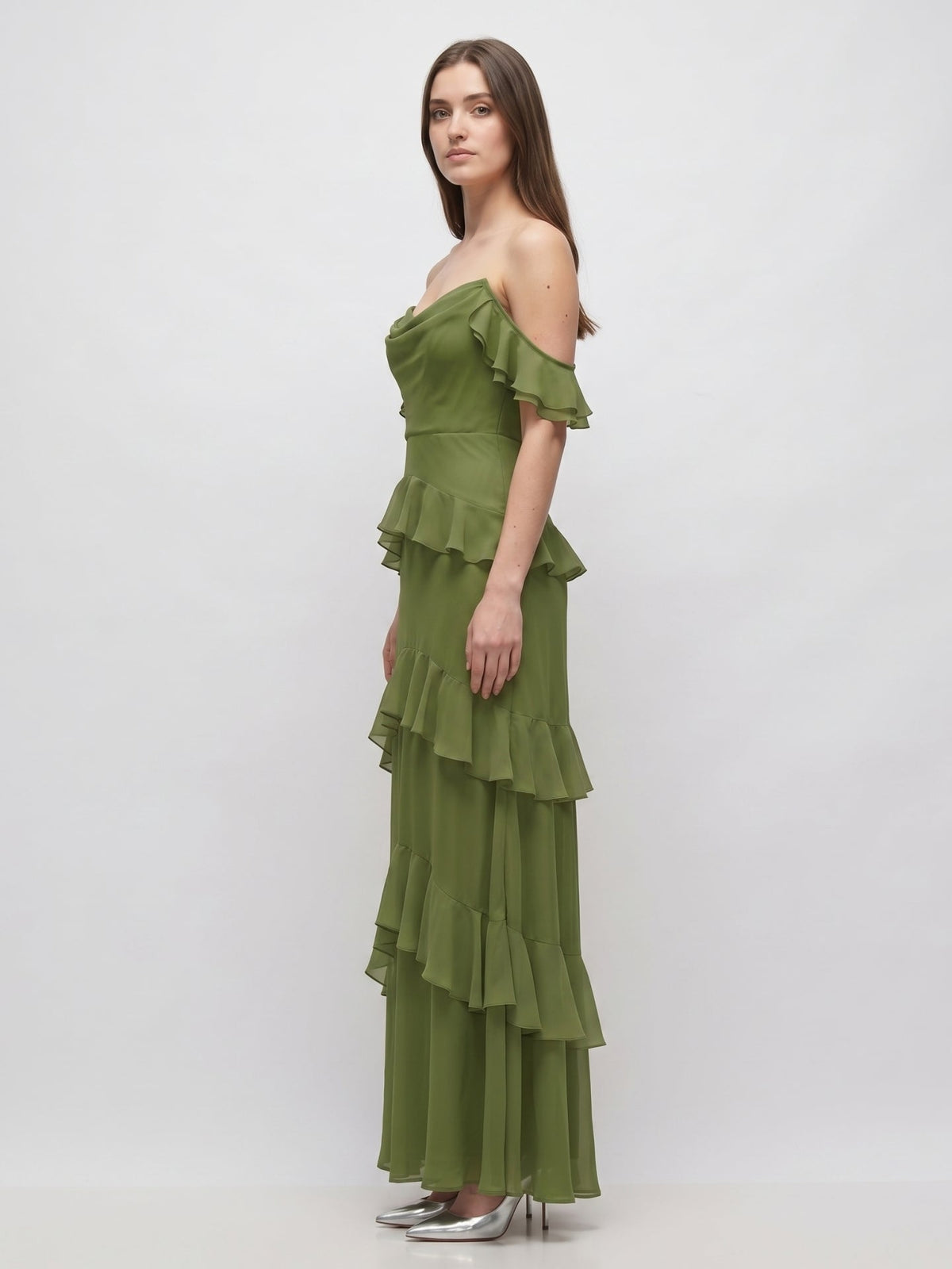 Olive Green Chiffon Sheath Off-the-Shoulder Back Zip Floor-Length Ruffle Bridesmaid Dress - Curvevia