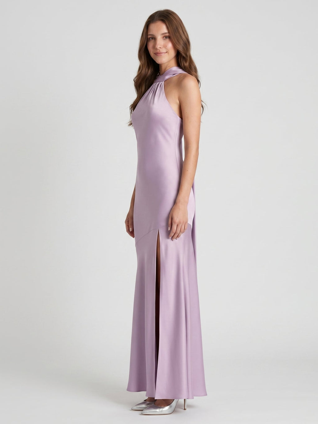 Elegant Lavender Matte Satin Sheath Halter neckline Back Zip Ankle-Length Bridesmaid Dress - Curvevia