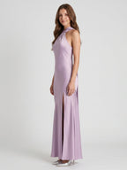 Elegant Lavender Matte Satin Sheath Halter neckline Back Zip Ankle-Length Bridesmaid Dress - Curvevia