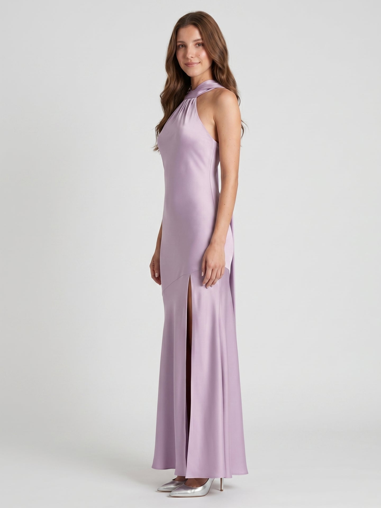 Elegant Lavender Matte Satin Sheath Halter neckline Back Zip Ankle-Length Bridesmaid Dress - Curvevia