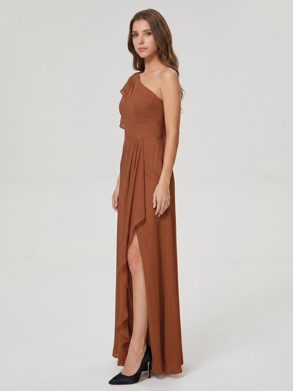 Terracotta Chiffon Sheath One Shoulder Back Zip Floor-Length Ruffle Bridesmaid Dress - Curvevia