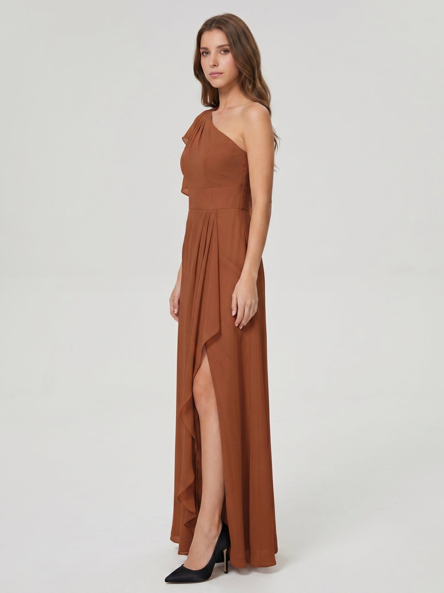 Terracotta Chiffon Sheath One Shoulder Back Zip Floor-Length Ruffle Bridesmaid Dress - Curvevia