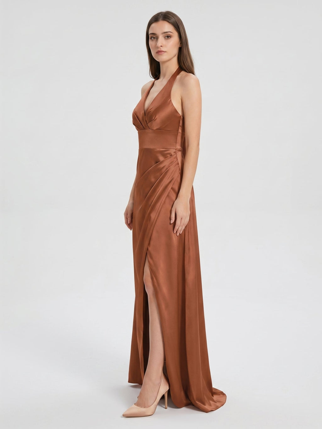Terracotta Satin A-Line Halter Backless Floor-Length Pleated Bridesmaid Dress - Curvevia