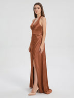 Terracotta Satin A-Line Halter Backless Floor-Length Pleated Bridesmaid Dress - Curvevia
