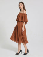 Terracotta Chiffon A-Line Off-the-Shoulder Backless Tea-Length Ruffle Bridesmaid Dress - Curvevia