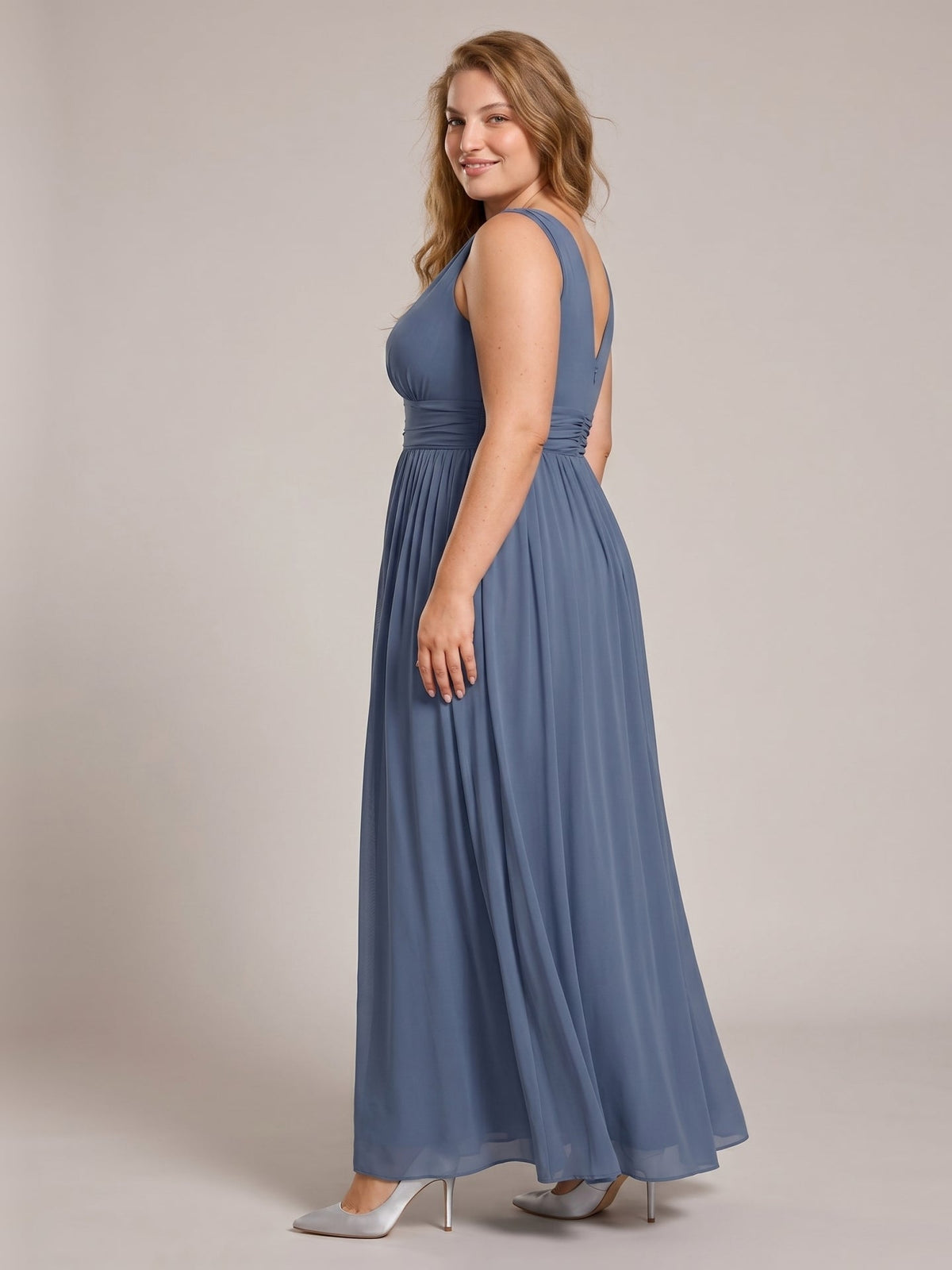 Simple Stormy Chiffon Empire V-Neck Back Zip Ankle-Length Plus Size Bridesmaid Dress - Curvevia
