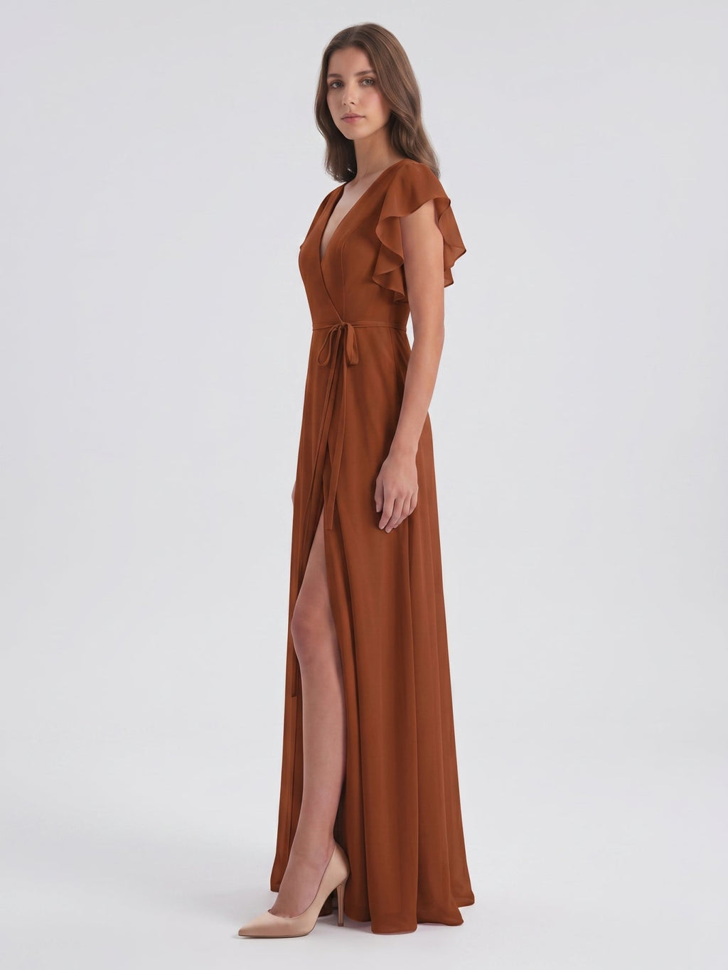 Terracotta Chiffon Sheath V-Neck Back Zip Floor-Length Ruffle Bridesmaid Dress - Curvevia