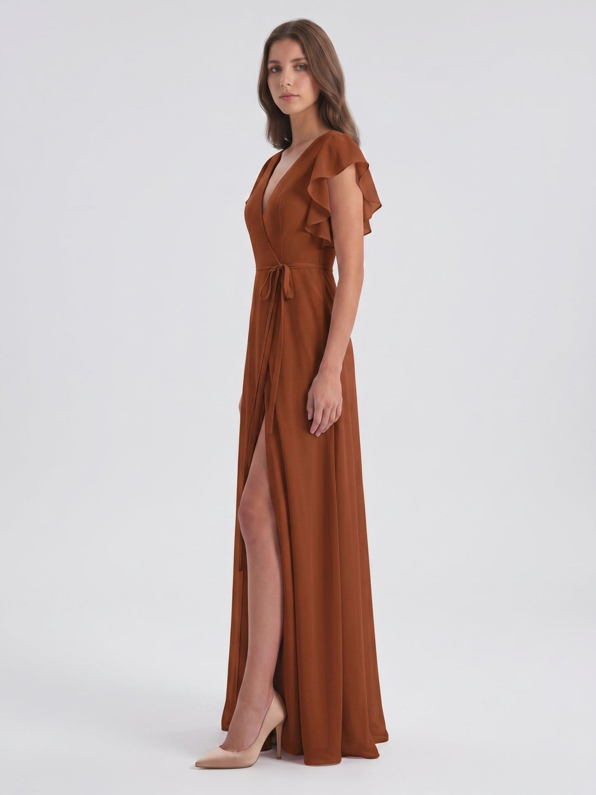 Terracotta Chiffon Sheath V-Neck Back Zip Floor-Length Ruffle Bridesmaid Dress - Curvevia