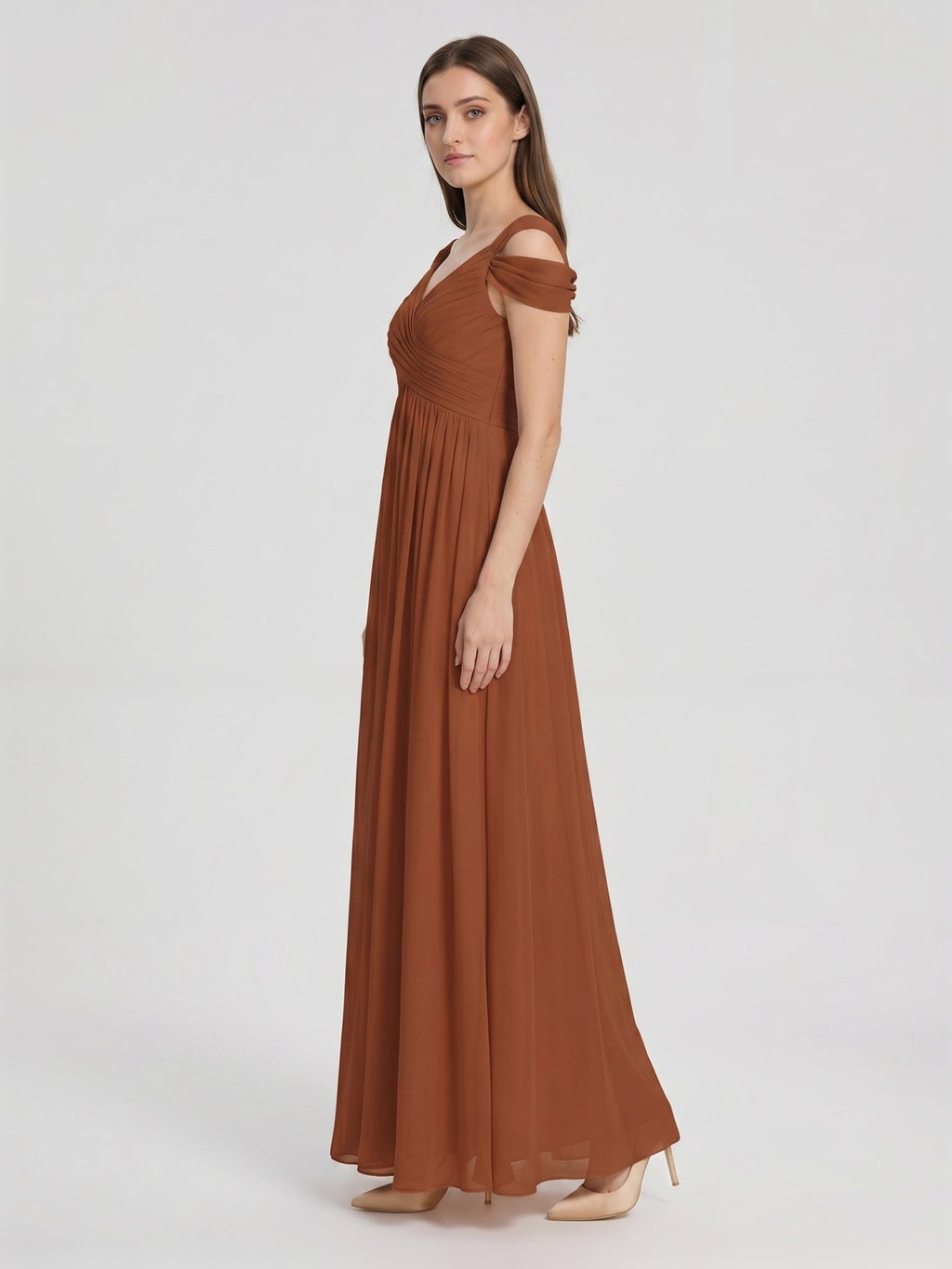 Terracotta Chiffon Empire Off-the-Shoulder V-Back Floor-Length Pleated Bridesmaid Dress - Curvevia