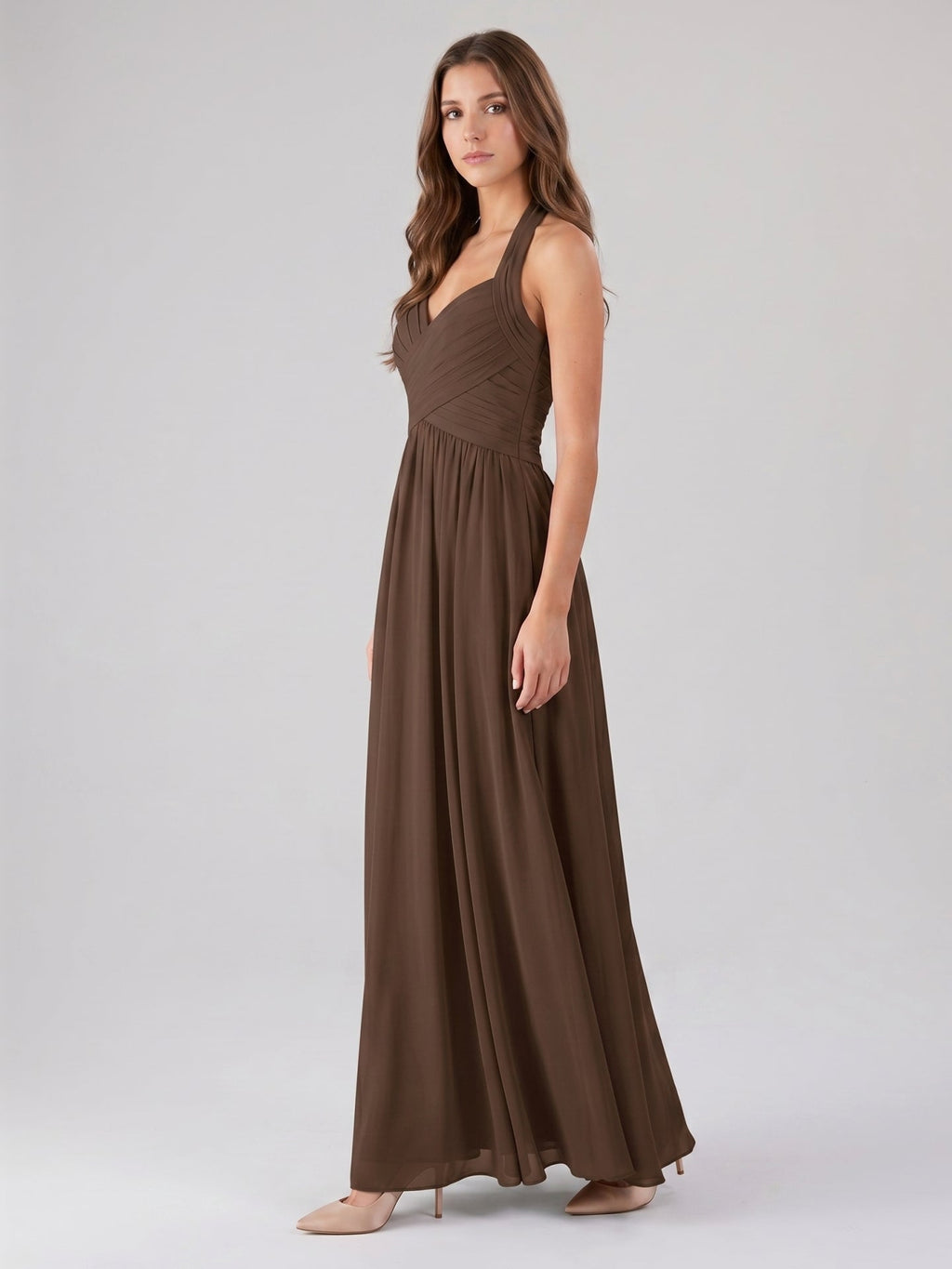 Mocha Chiffon A-Line Halter Backless Floor-Length Pleated Bridesmaid Dress - Curvevia