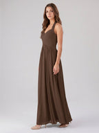 Mocha Chiffon A-Line Halter Backless Floor-Length Pleated Bridesmaid Dress - Curvevia