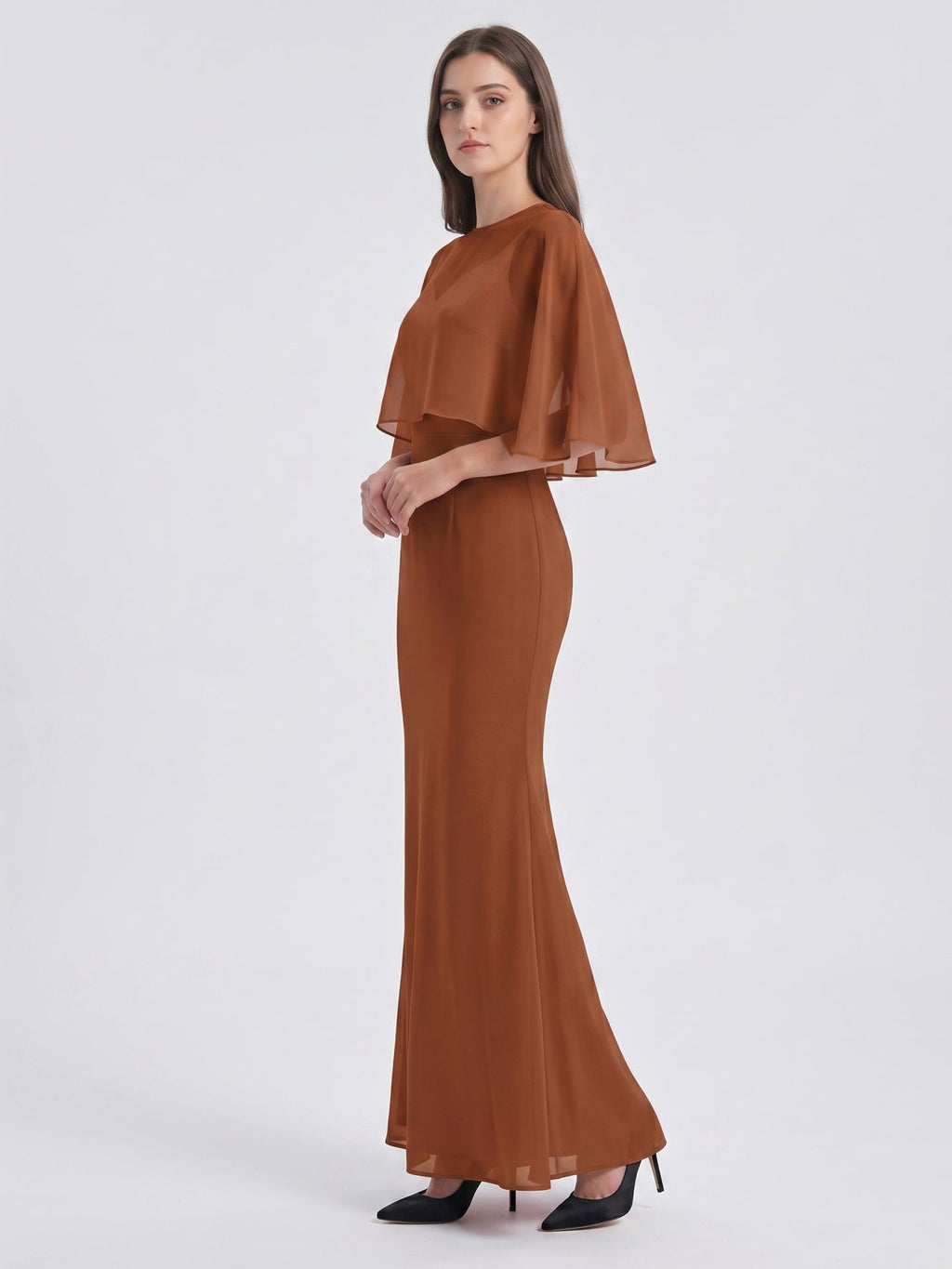 Terracotta Chiffon Mermaid Sweetheart Back Zip Floor-Length Bridesmaid Dress with Cape - Curvevia