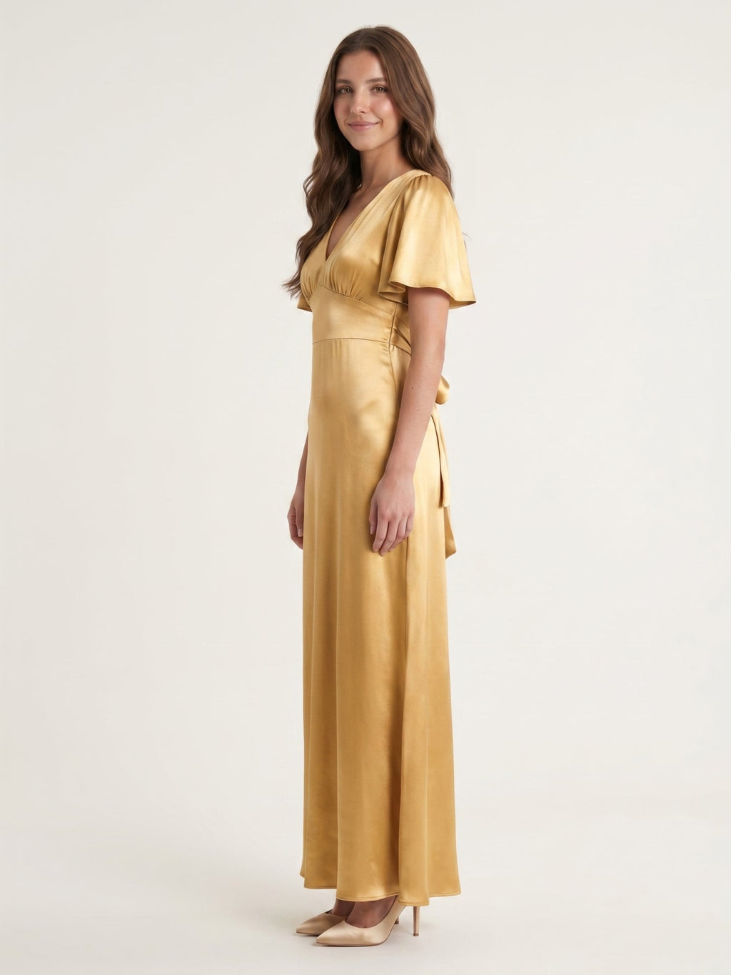 Elegant Gold Satin A-Line V-Neck V-Back Ankle-Length Bridesmaid Dress - Curvevia