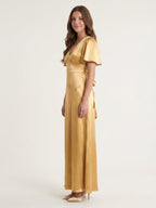 Elegant Gold Satin A-Line V-Neck V-Back Ankle-Length Bridesmaid Dress - Curvevia