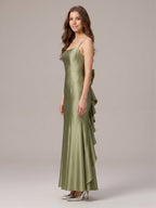 Elegant Sage Green Satin mermaid Straight Neck Backless with Bow Ankle-Length Bridesmaid Dress - Curvevia