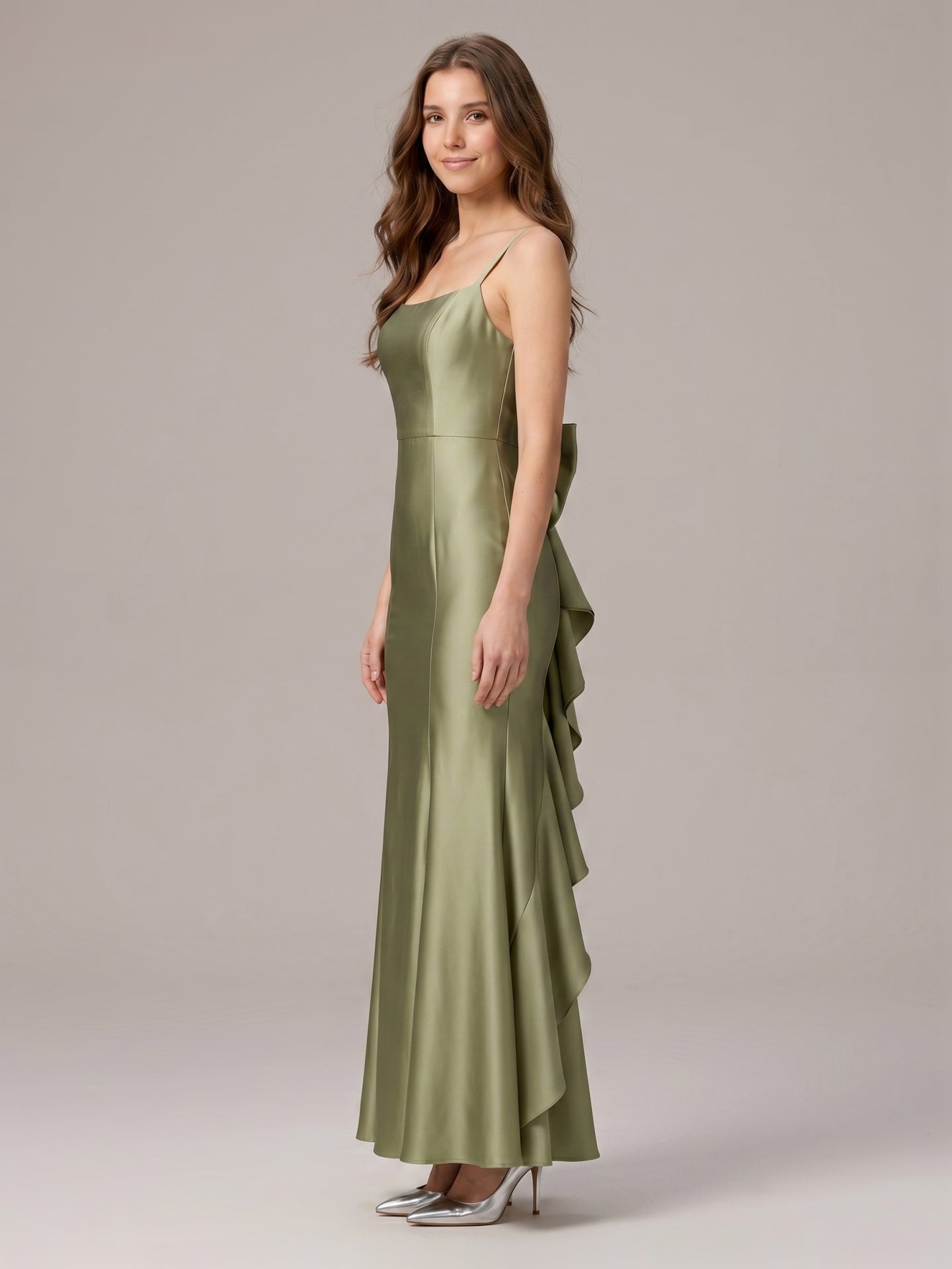 Elegant Sage Green Satin mermaid Straight Neck Backless with Bow Ankle-Length Bridesmaid Dress - Curvevia