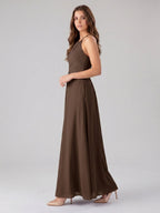 Mocha Chiffon A-Line Halter Keyhole Back Floor-Length Pleated Bridesmaid Dress - Curvevia