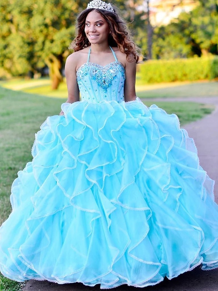 Halter Tulle Ball Gown Quinceanera Dresses With Rhinestones - Curvevia