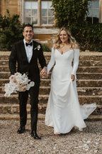 Simple A-Line Off the Shoulder Long Sleeves White Satin Wedding Dresses - Curvevia