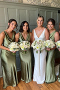 Cowl Neck Sage Green Sheath Spandex Long Bridesmaid Dress - Curvevia