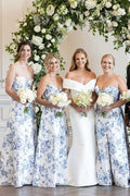 A-line Strapless Printed Floral Satin Long Wedding Guest Dress - Curvevia