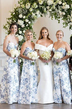 A-line Strapless Printed Floral Satin Long Wedding Guest Dress - Curvevia