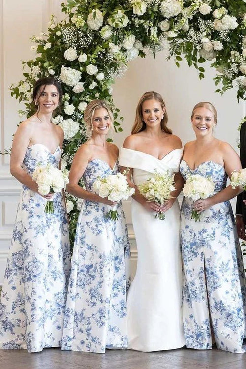 A-line Strapless Printed Floral Satin Long Wedding Guest Dress - Curvevia
