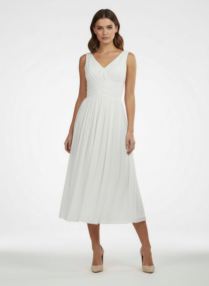 V-Neck Sleeveless Tea-Length Chiffon Wedding Dress With Ruching And Low-V Back - Curvevia