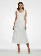 V-Neck Sleeveless Tea-Length Chiffon Wedding Dress With Ruching And Low-V Back - Curvevia