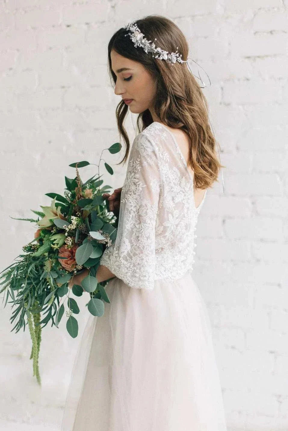 Bateau Lace Half Sleeve A-Line Tulle Dress With Low-V Back - Curvevia