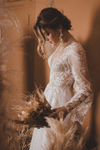 A-Line Lace Top Flare Sleeves Open Back Wedding Dress - Curvevia